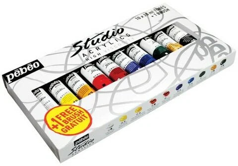 Pebeo Studio Acrylics Set mit 10 x 20 ml Tuben Acrylfarbe + Pinsel