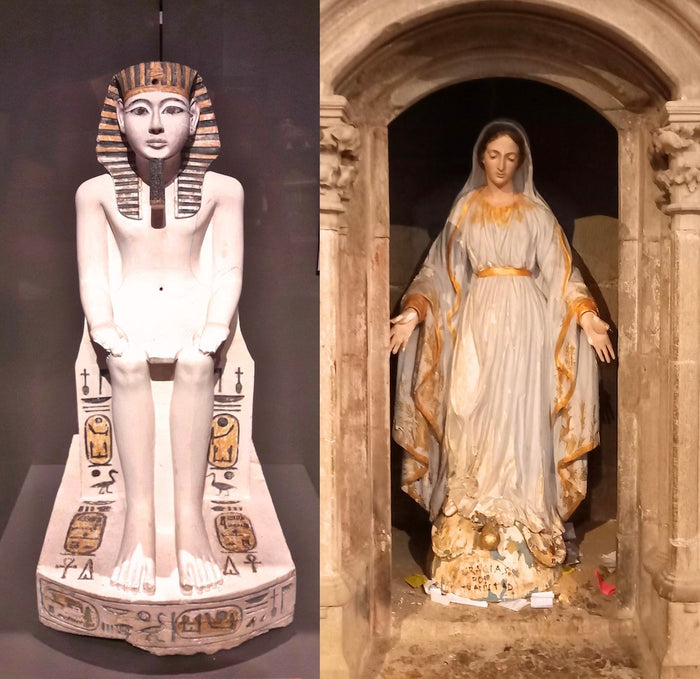 Ägyptisches Bild und Marienfigur als Collagebilder für SoulCollage®-Karten rund um Symbolik, Spiritualität und innere Arbeit