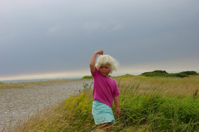 kind mit blondem haar im feld am meer als collage bild mit bedeutung verspieltsein entdecken und freiheit